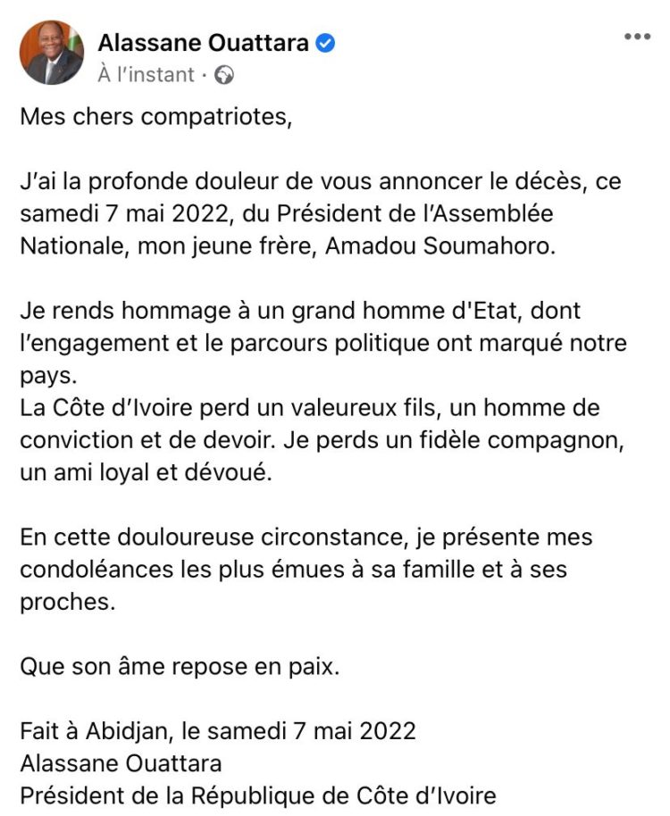 Côte d&rsquo;ivoire : Décès du président de l&rsquo;Assemblée nationale Amadou Soumahoro