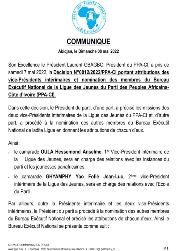 PPA-CI /Laurent Gbagbo continue de renforcer son parti : de nouvelles nominations