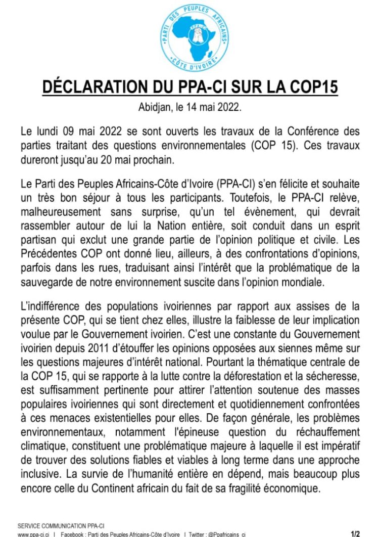 Ecarté de la Cop 15: le PPA-CI déclare avoir des propositions moins coûteuses sur la déforestation (déclaration)